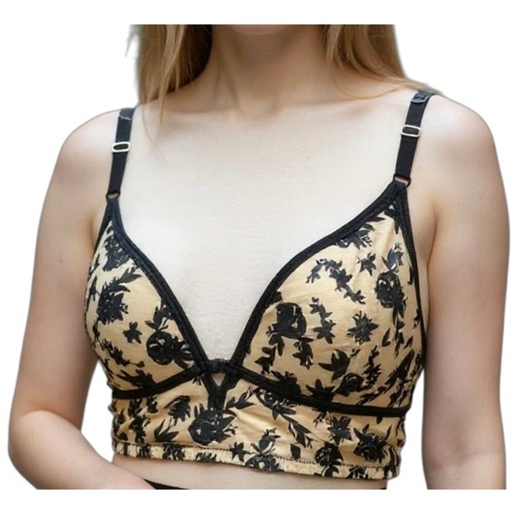 INC International Concepts Bralette S Tan Black Velvet Floral Wirefree Coquette‎